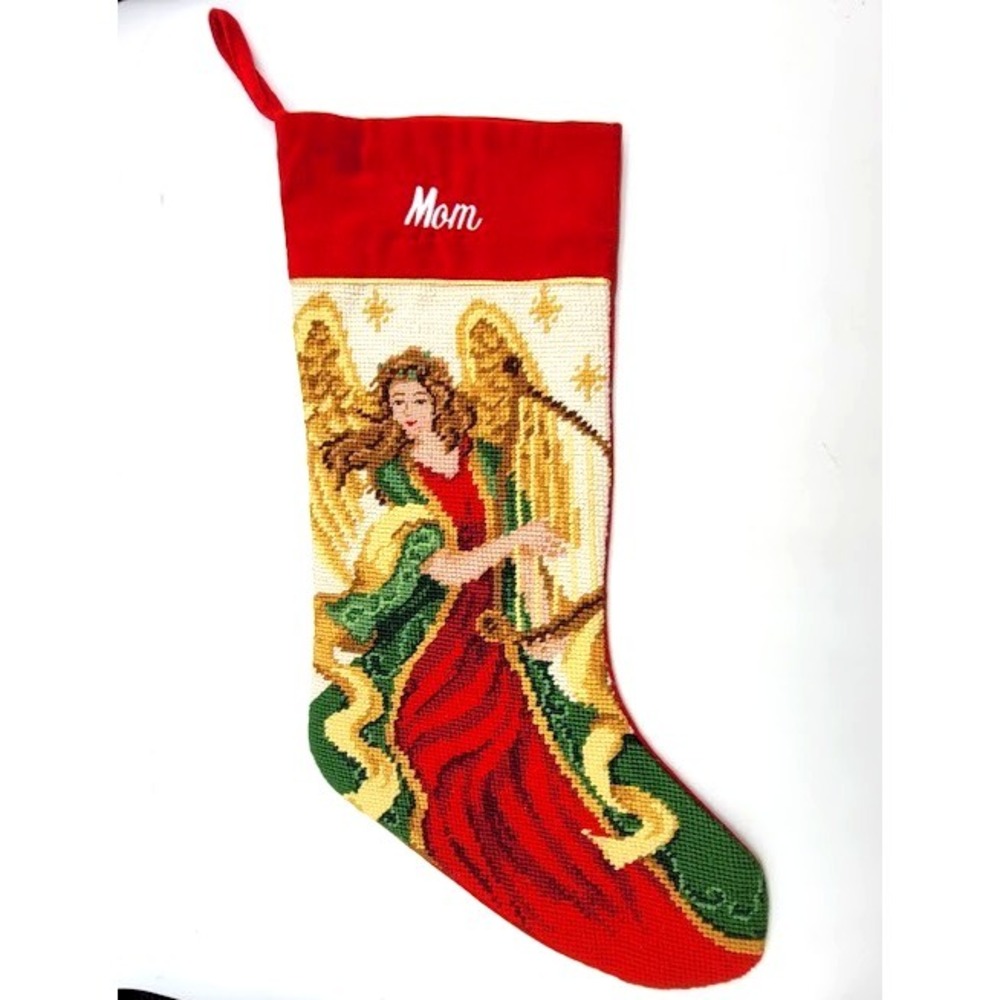 ANGEL Needlepoint 100% Wool Christmas Stocking Velvet Back Embroidered Mom Gift